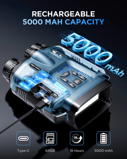 4K Night Vision Binoculars 64GB Memory Card 3inch Screen 8X Digital Zoom With Tactical Light