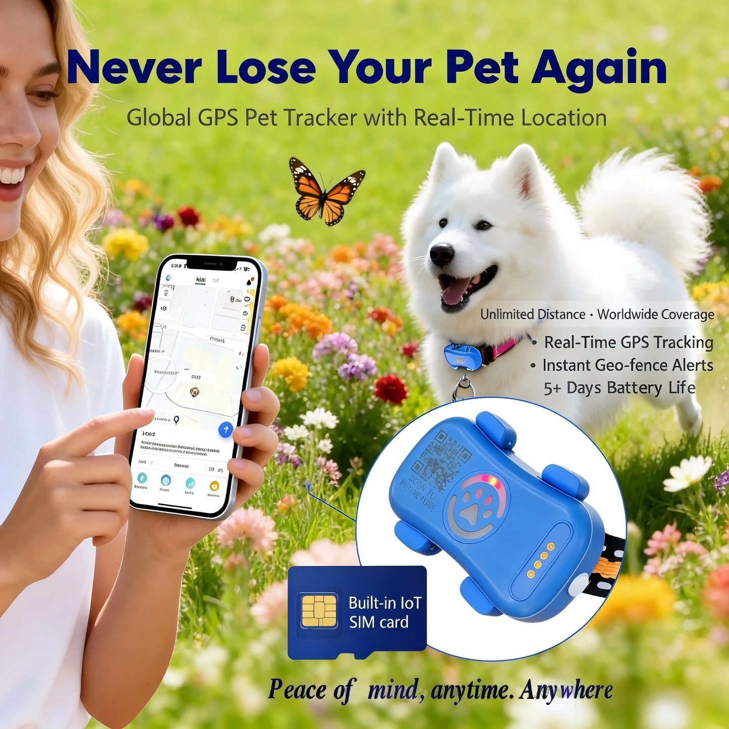 GPS Pet Tracker for Dogs Cats  WiFi Tracking Unlimited Distance QR Code Anti-Lost Locator