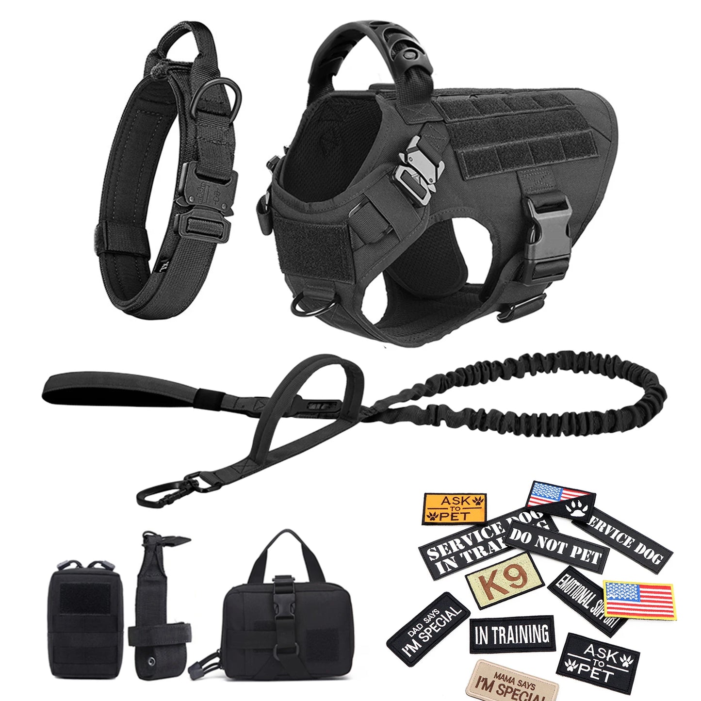 Large Training Military Dog Harness Collar Leash Bags Patches Set