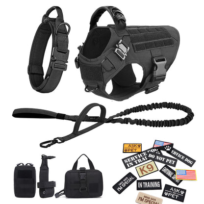 Large Training Military Dog Harness Collar Leash Bags Patches Set