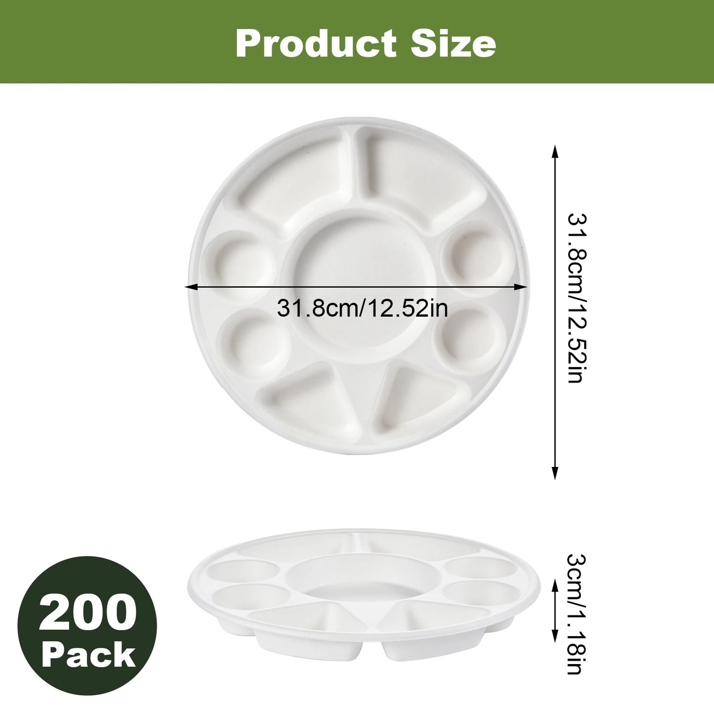 Round Heavy Duty Serving Tray Made of Sugarcane, 9 Compartment Divided Plate