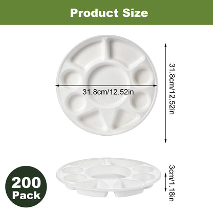 Round Heavy Duty Serving Tray Made of Sugarcane, 9 Compartment Divided Plate