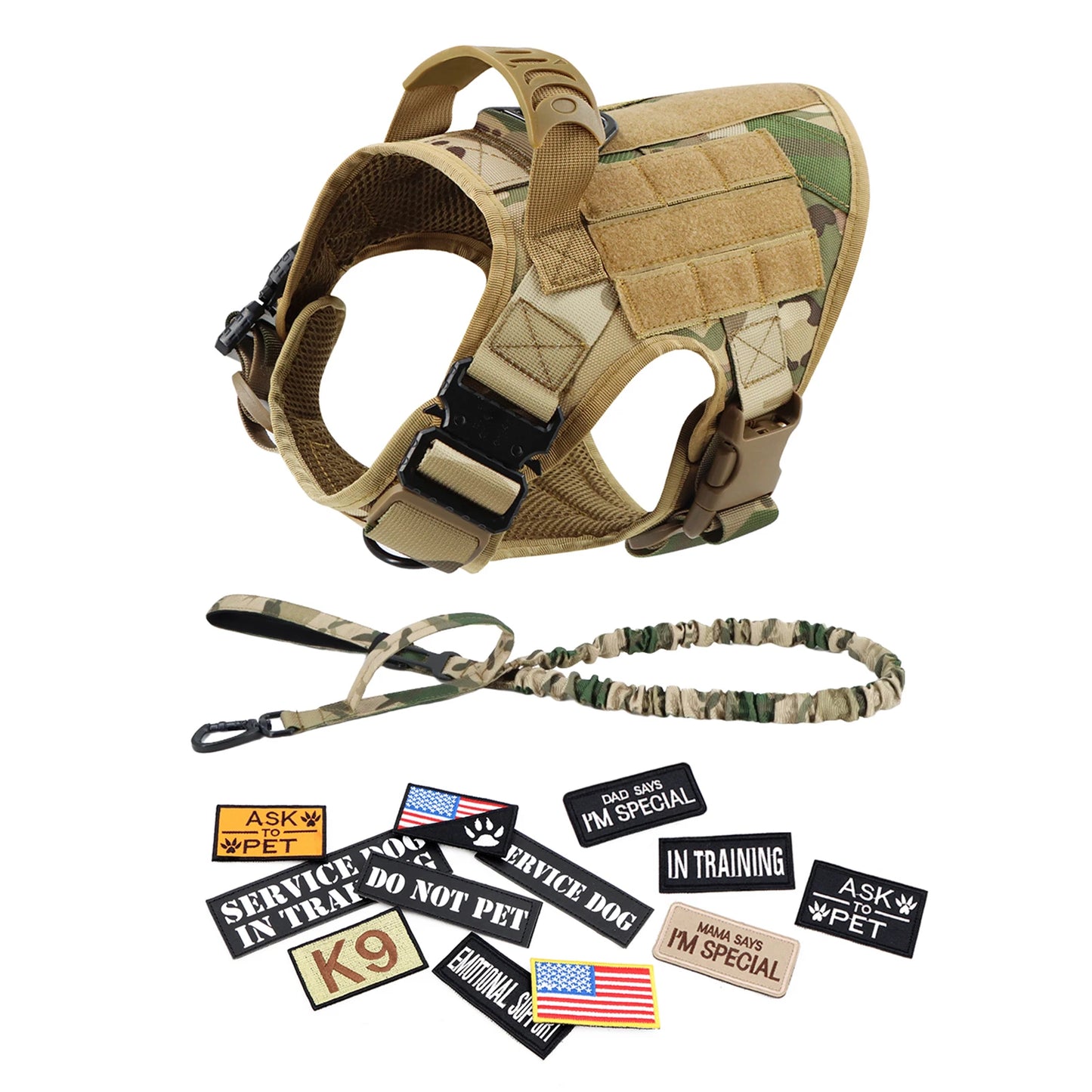 Large Training Military Dog Harness Collar Leash Bags Patches Set