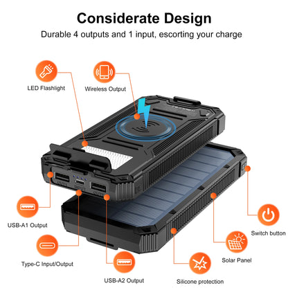 Solar Power Bank Wireless Charger, USB C Input/Output with Camping Flashlight for Cell Phone