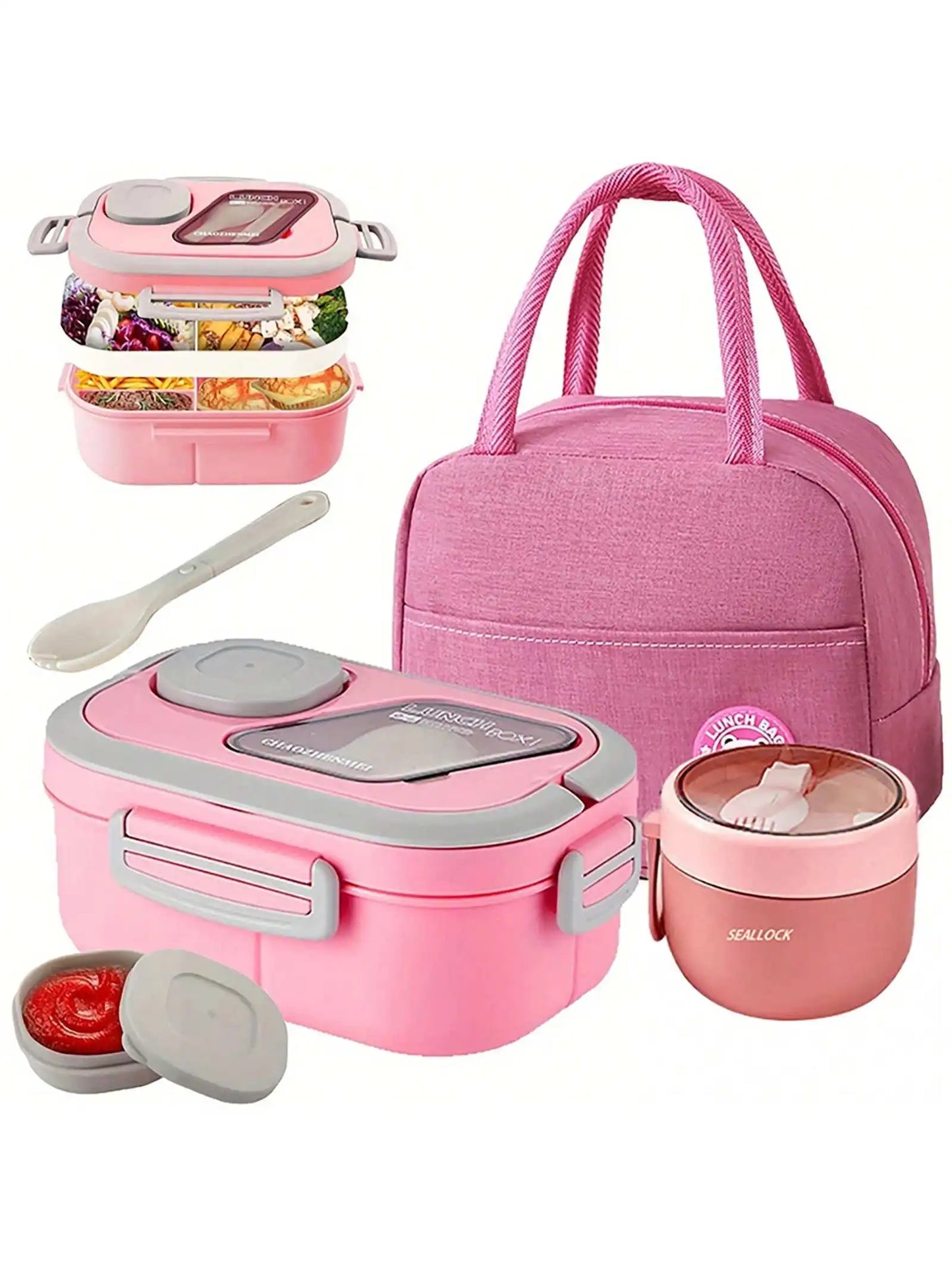 2-Layer Multi-Compartment Lunch Box Set Includes Cutlery And Sauce Container