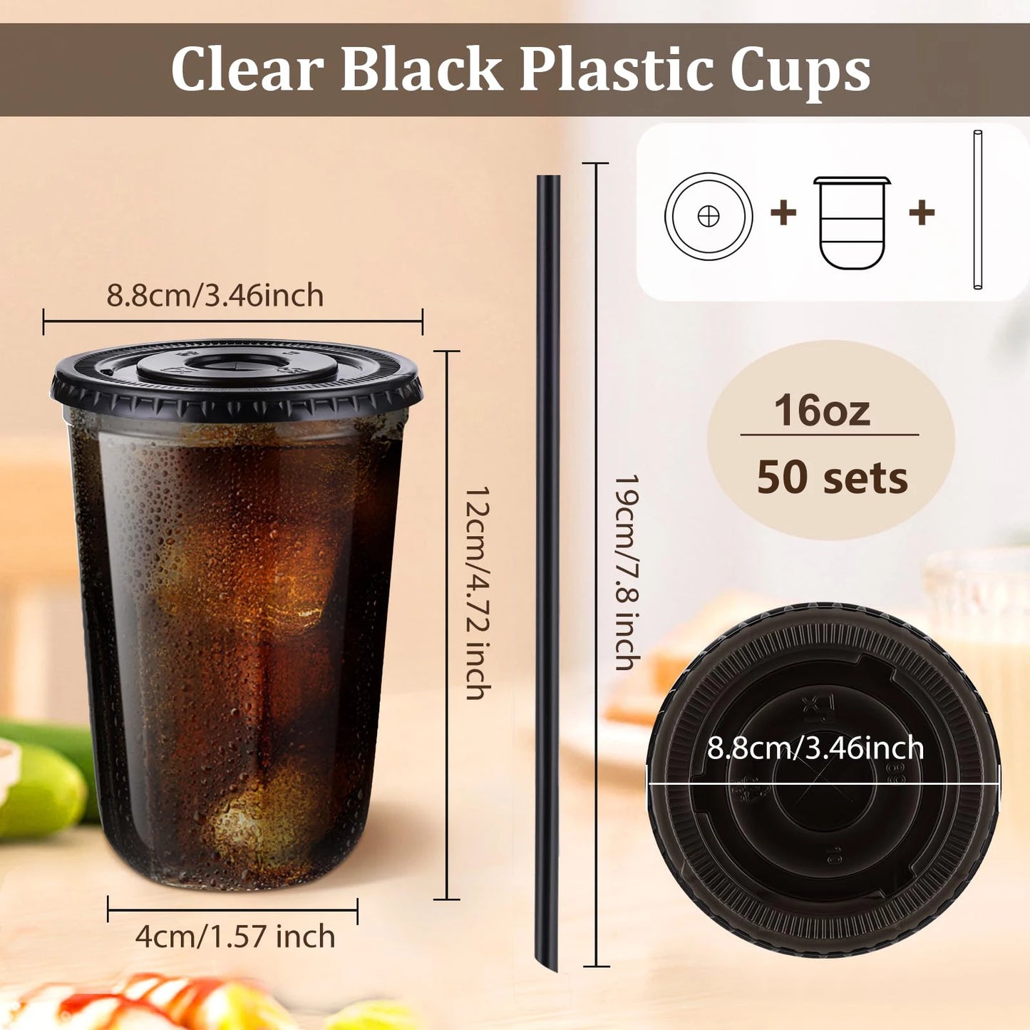 50 Sets of 16oz Black Transparent Cups with Lids and Straws