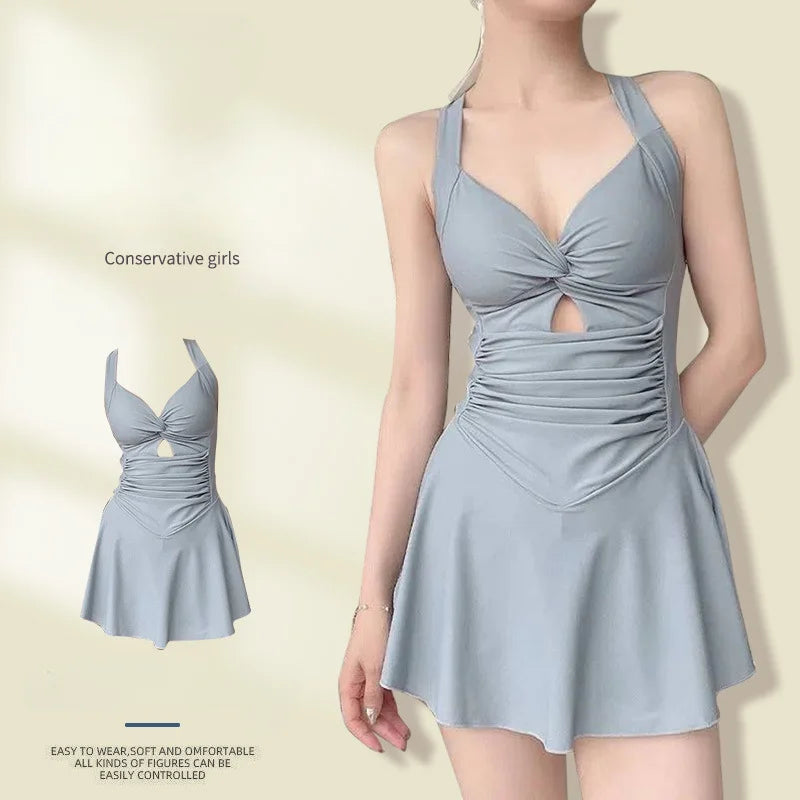 Solid Color Slimming One-piece  Slimming Dress Swimsuit