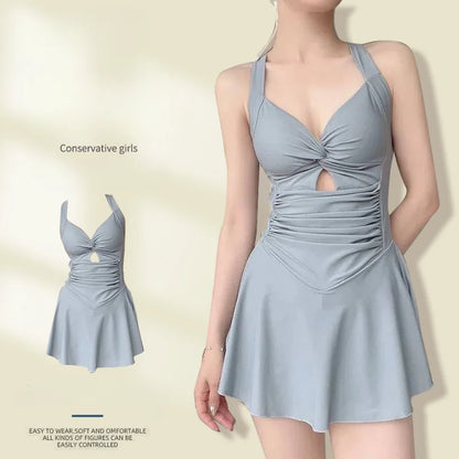 Solid Color Slimming One-piece  Slimming Dress Swimsuit