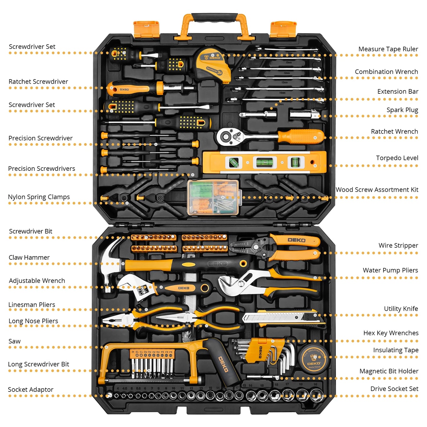 DEKO 228Pcs Socket Wrench Auto Repair Tool Combination Package with Plastic Toolbox Storage Case