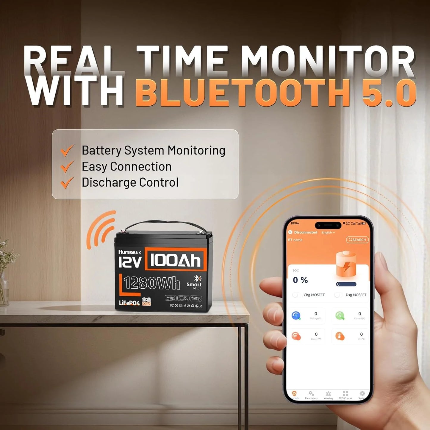 Humsienk 12V 100AH LiFePO4 Lithium Battery 1280Wh With Bluetooth/2-Year Warranty