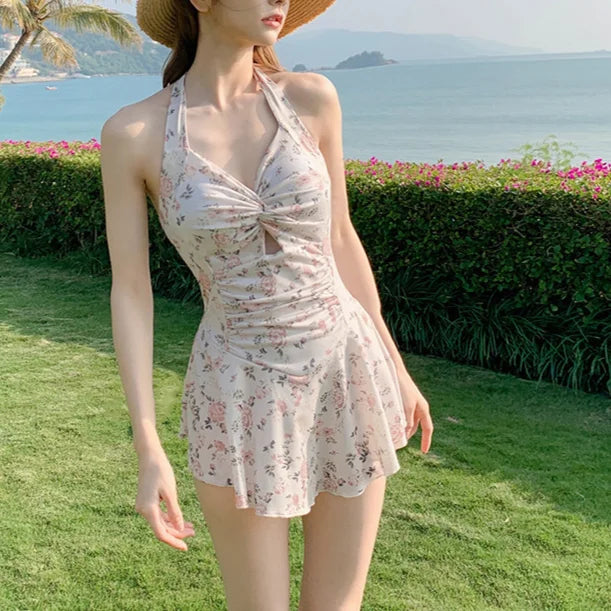 Solid Color Slimming One-piece  Slimming Dress Swimsuit