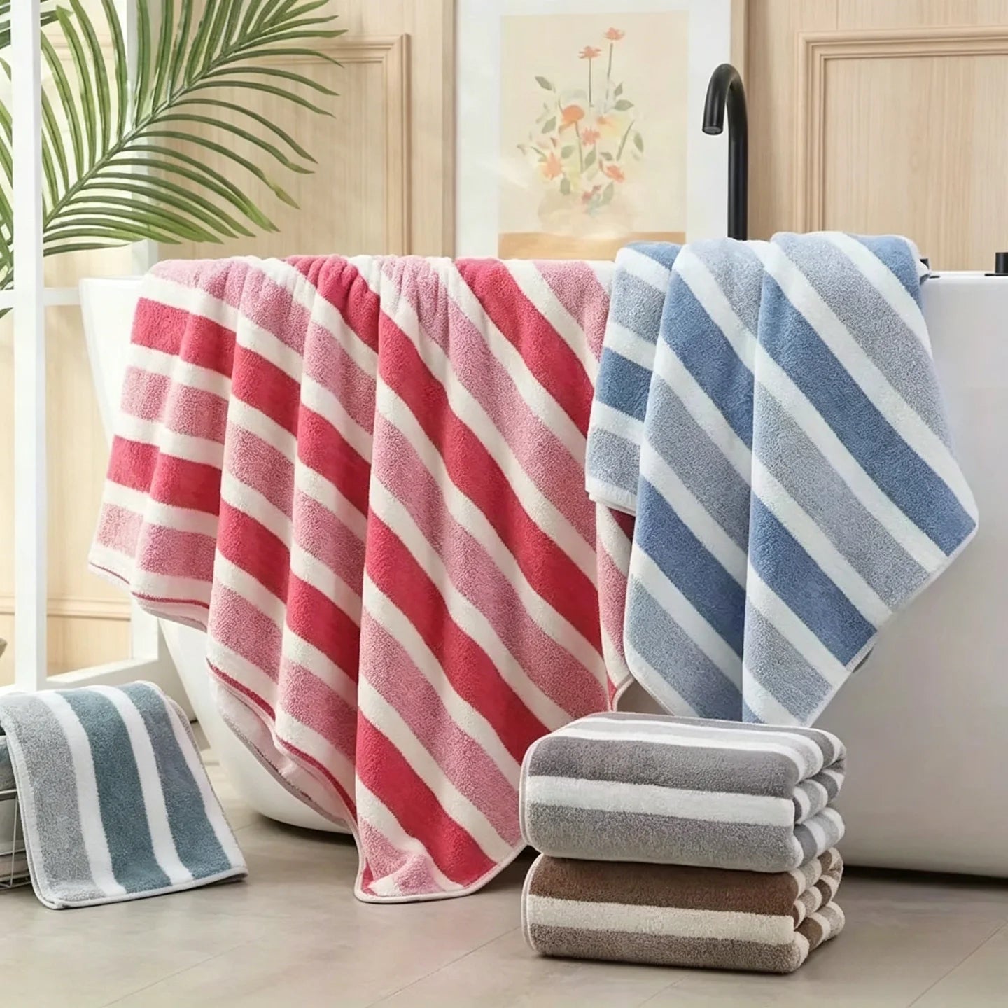 8-Piece Ultra Absorbent Lint-Free & Super Soft Two-Tone Striped Bath Towel Collection