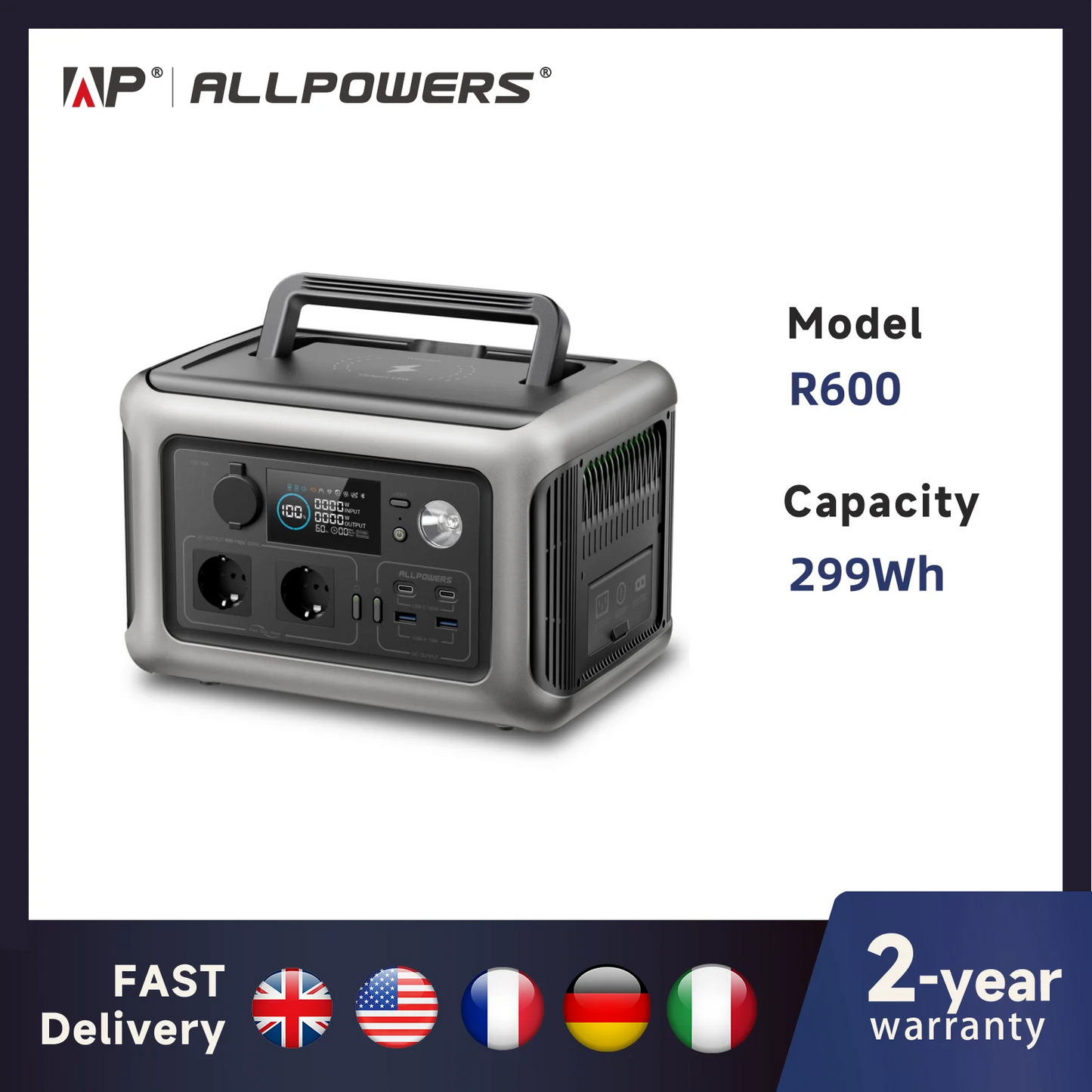 ALLPOWERS Portable Power Station R600, 299Wh LiFeP04 Battery with 2x 600W (1200W Surge)