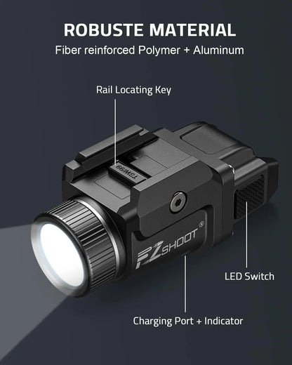 Rechargeable Bright Pistol Flashlight With Strobe Mode For Picatinny and GL Rails
