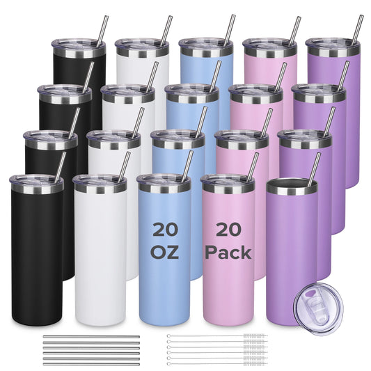 20 Pack 20 oz Skinny Powder Coated Stainless Steel Insulated Slim Tumbler, with Lid and Straw