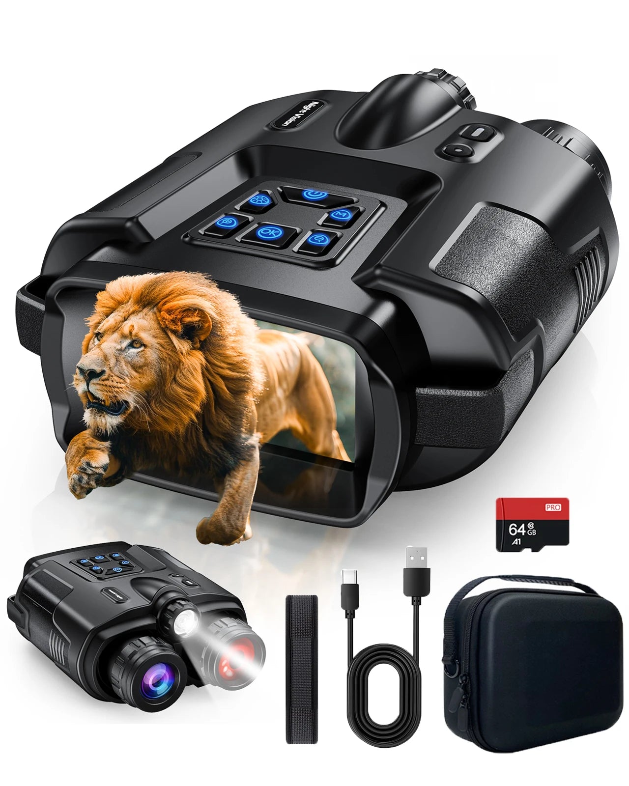 4K Night Vision Binoculars 64GB Memory Card 3inch Screen 8X Digital Zoom With Tactical Light