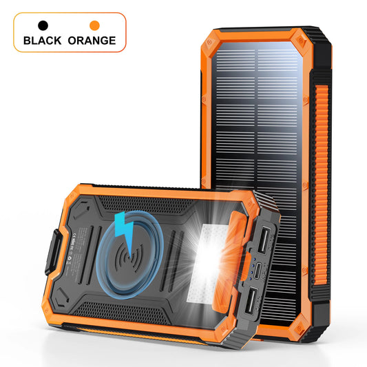Solar Power Bank Wireless Charger, USB C Input/Output with Camping Flashlight for Cell Phone