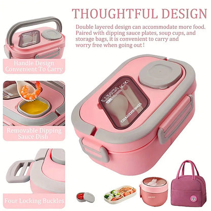 2-Layer Multi-Compartment Lunch Box Set Includes Cutlery And Sauce Container