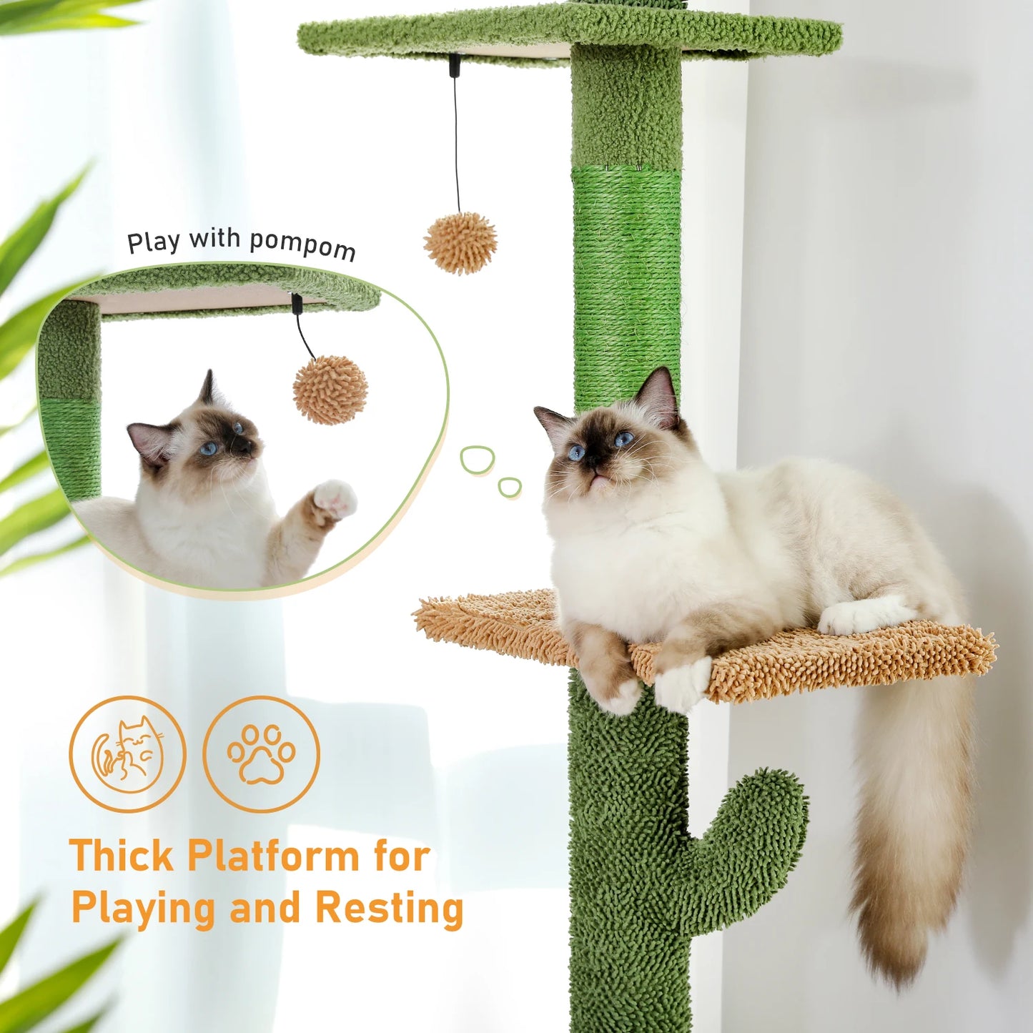 Cactus Cat Tree 5-Tier Floor to Ceiling Climbing Tree with Scratching Post and Hammock Dangling Ball