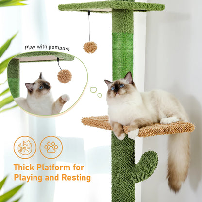 Cactus Cat Tree 5-Tier Floor to Ceiling Climbing Tree with Scratching Post and Hammock Dangling Ball
