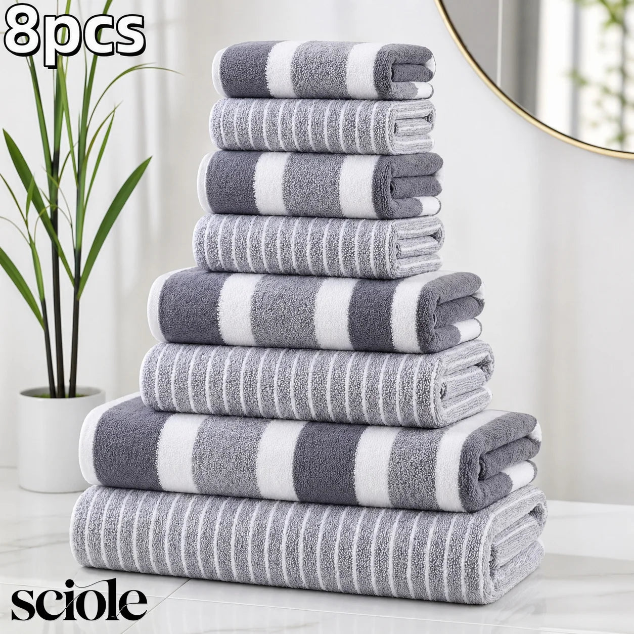 8-Piece Ultra Absorbent Lint-Free & Super Soft Two-Tone Striped Bath Towel Collection