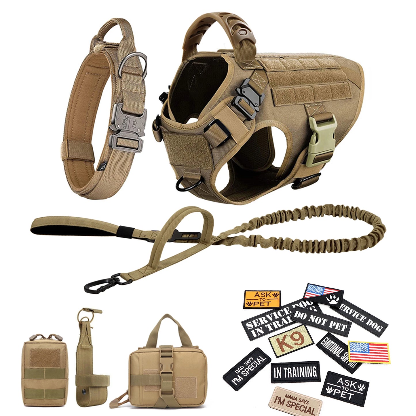 Large Training Military Dog Harness Collar Leash Bags Patches Set