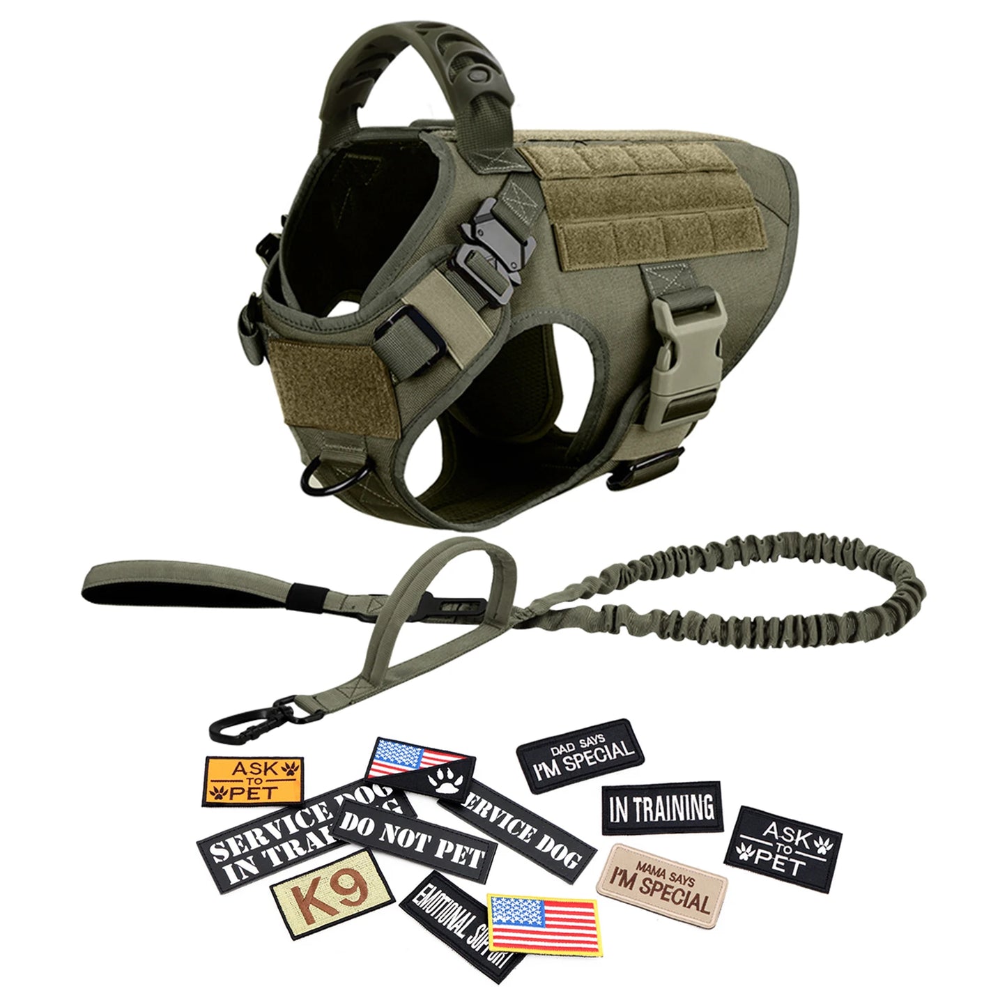 Large Training Military Dog Harness Collar Leash Bags Patches Set