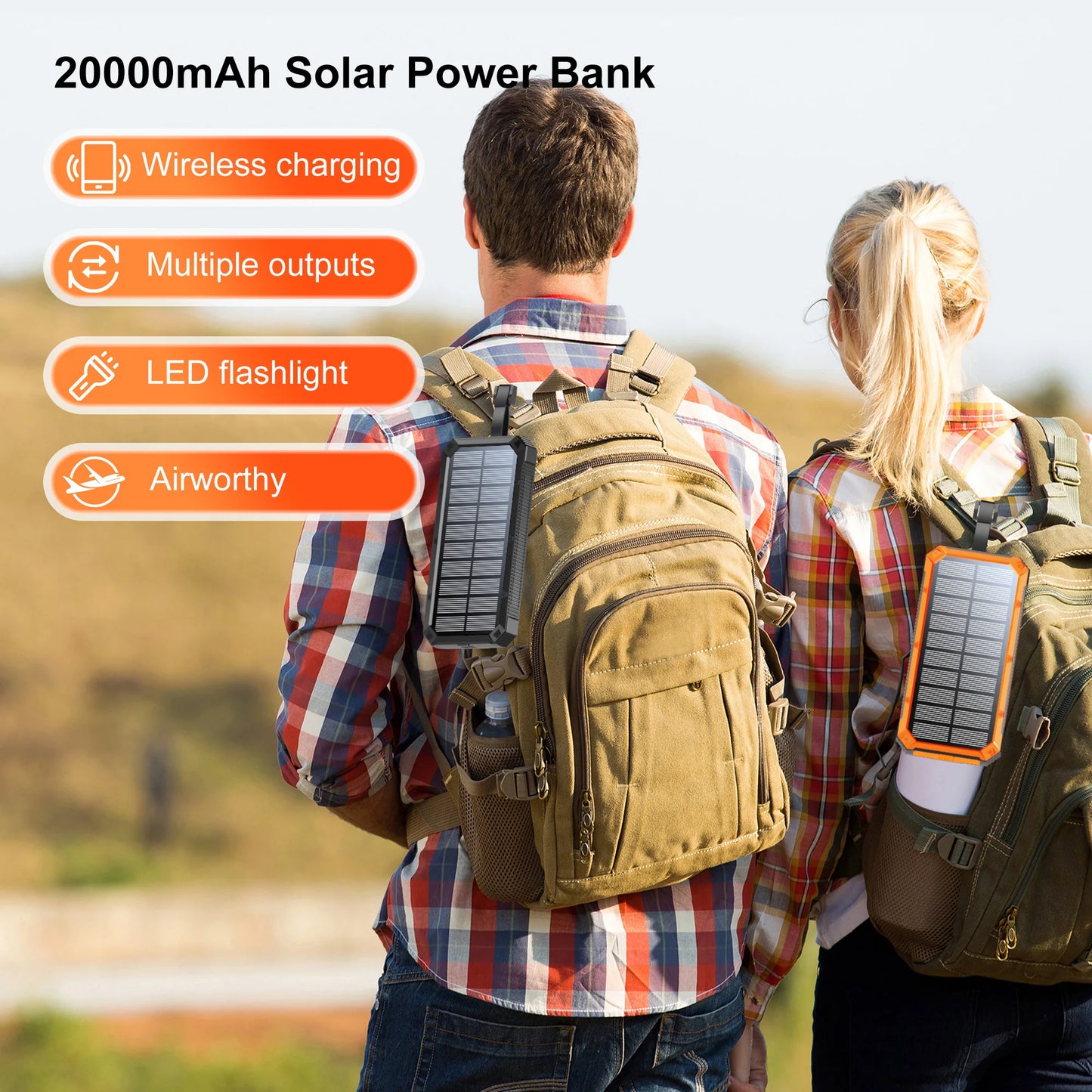 Solar Power Bank Wireless Charger, USB C Input/Output with Camping Flashlight for Cell Phone