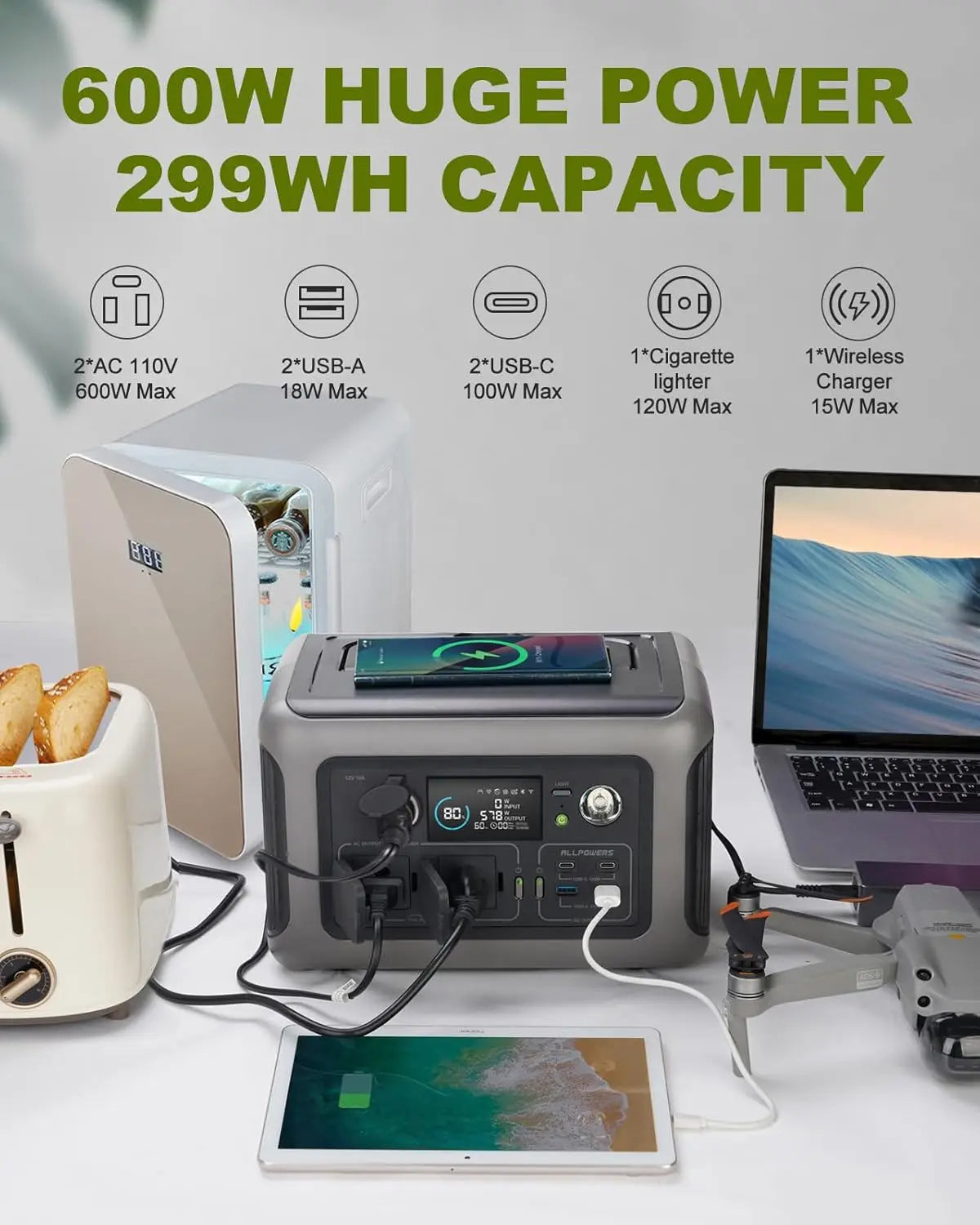 ALLPOWERS Portable Power Station R600, 299Wh LiFeP04 Battery with 2x 600W (1200W Surge)