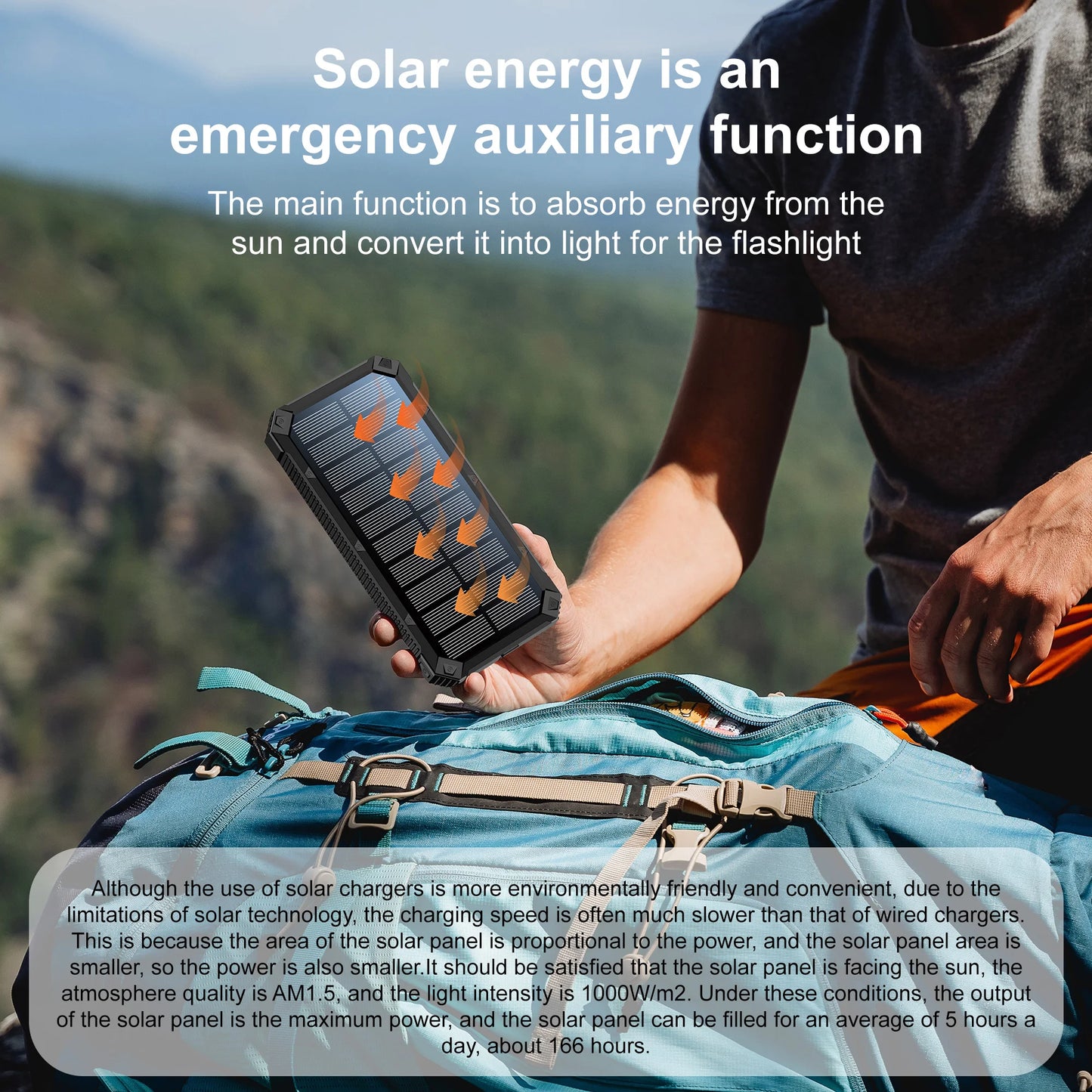 Solar Power Bank Wireless Charger, USB C Input/Output with Camping Flashlight for Cell Phone