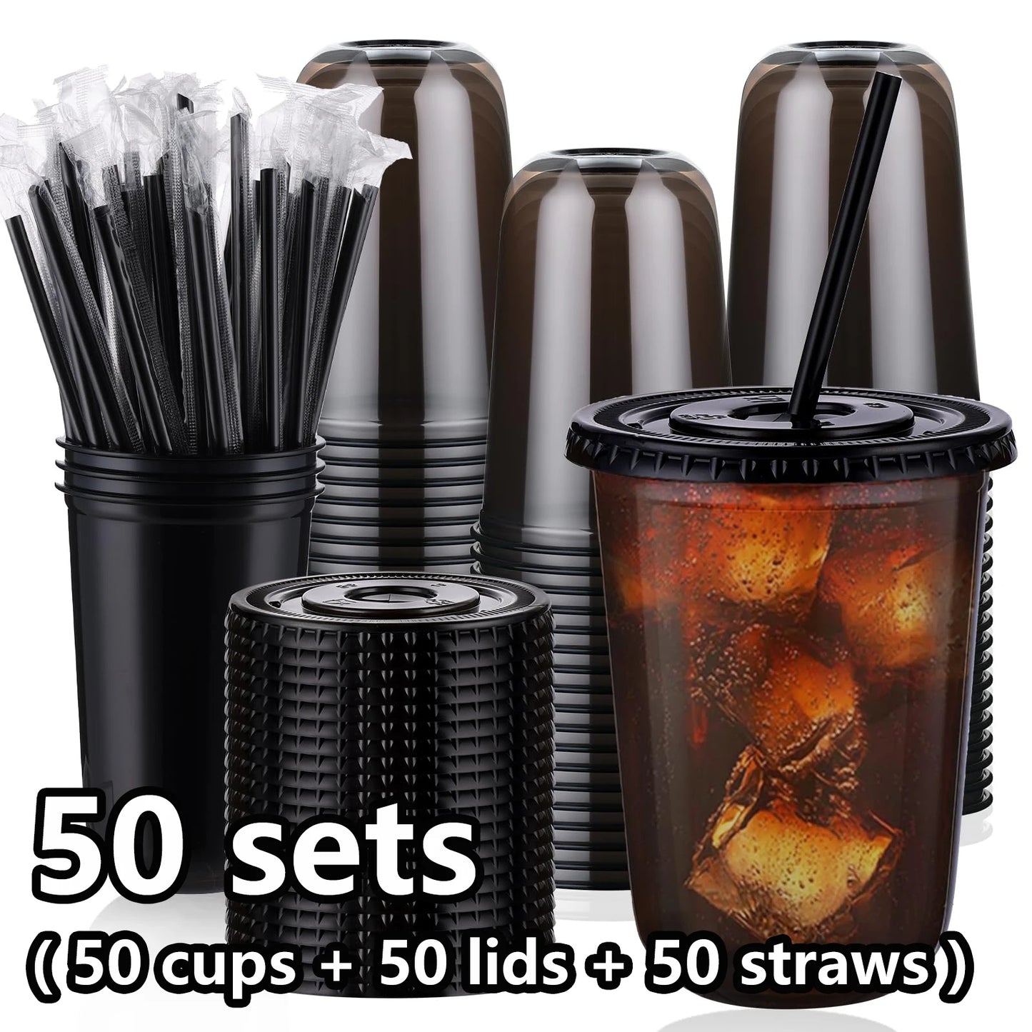 50 Sets of 16oz Black Transparent Cups with Lids and Straws