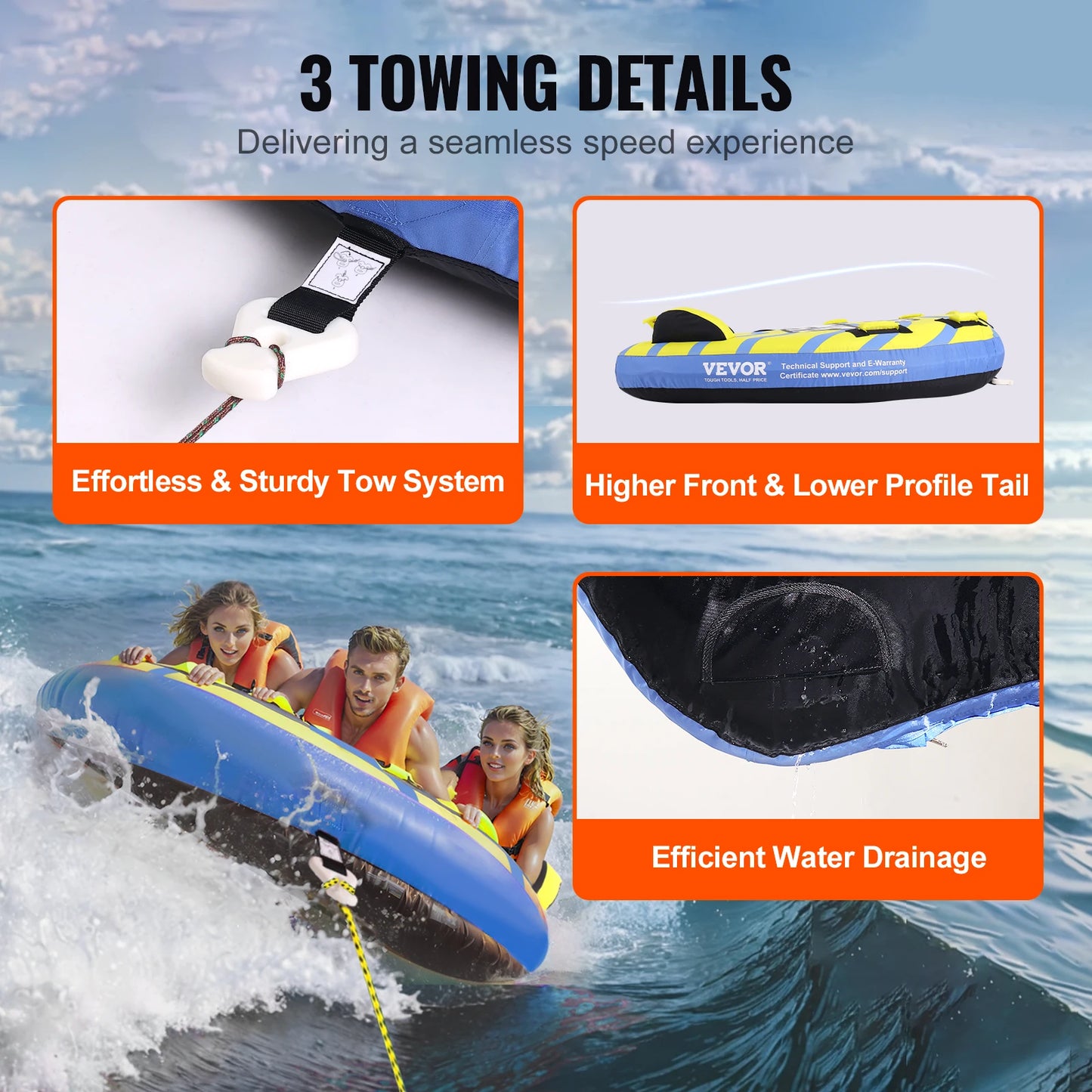 SucceBuy 1-3 People Towable Tube with Bumper Fins