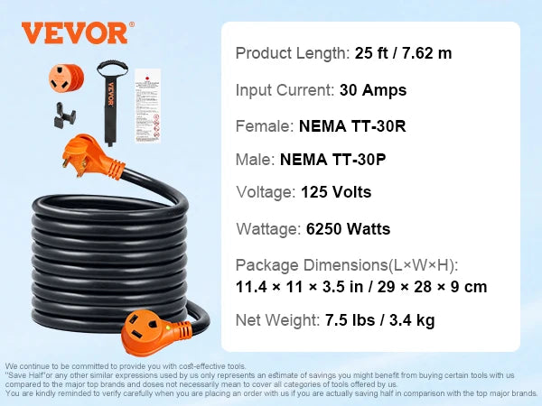 SucceBuy 25/50ft RV Extension Cord 30/50Amp STW RV with LED Indicator Handle 15A Adapter