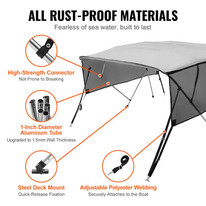 SucceBuy 4 Bow Bimini Top Detachable Boat Cover with Mesh Sidewalls
