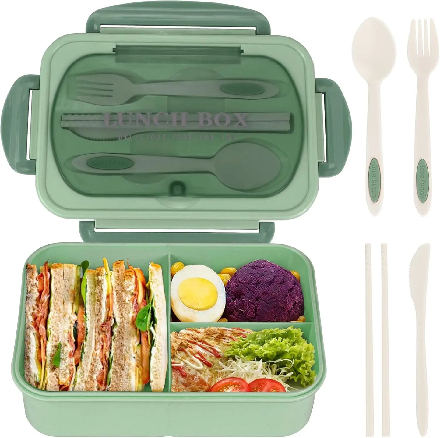 1200ML Bento Lunch Container With Utensils, 3 Compartments, Microwave-Ready