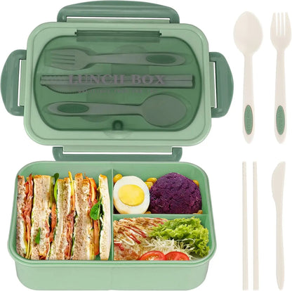 1200ML Bento Lunch Container With Utensils, 3 Compartments, Microwave-Ready