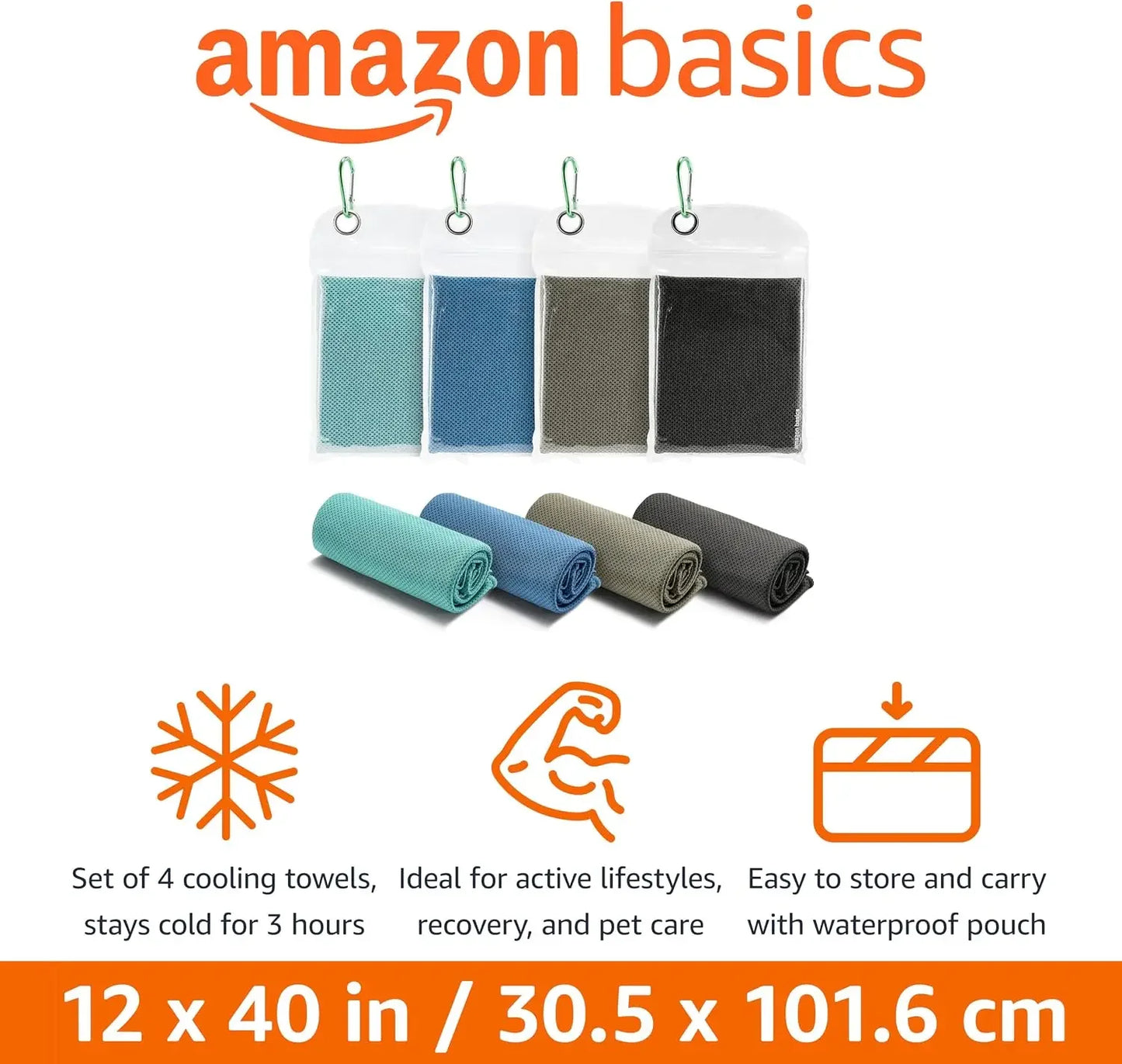 Basics Cooling Towels for Neck and Face 40' x 12', Black/Gray/Aqua/Navy, 4-Pack