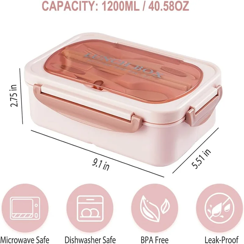 1200ML Bento Lunch Container With Utensils, 3 Compartments, Microwave-Ready