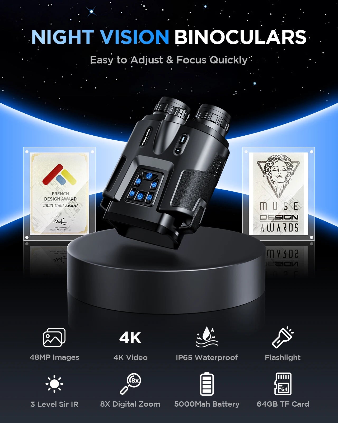4K Night Vision Binoculars 64GB Memory Card 3inch Screen 8X Digital Zoom With Tactical Light