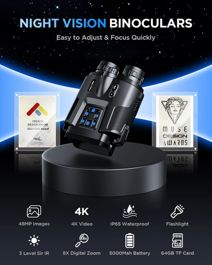 4K Night Vision Binoculars 64GB Memory Card 3inch Screen 8X Digital Zoom With Tactical Light