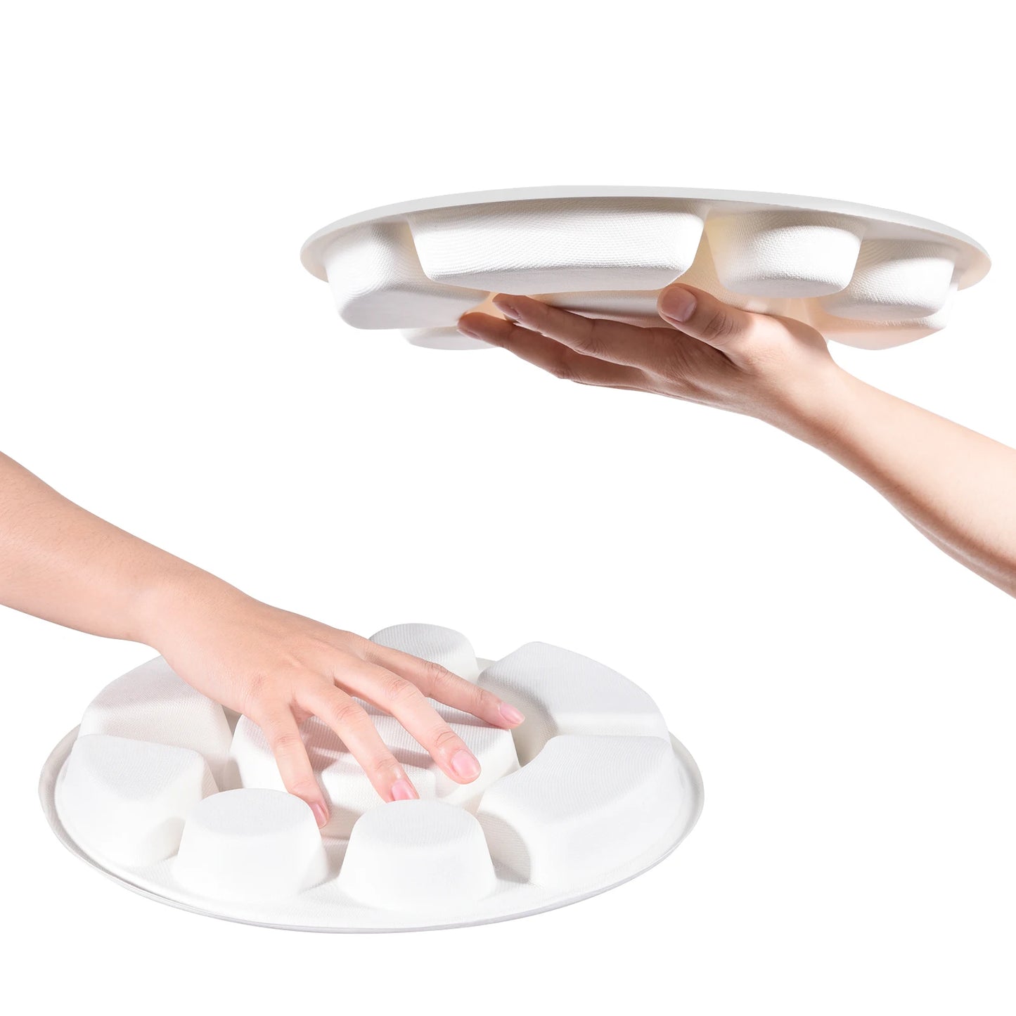 Round Heavy Duty Serving Tray Made of Sugarcane, 9 Compartment Divided Plate