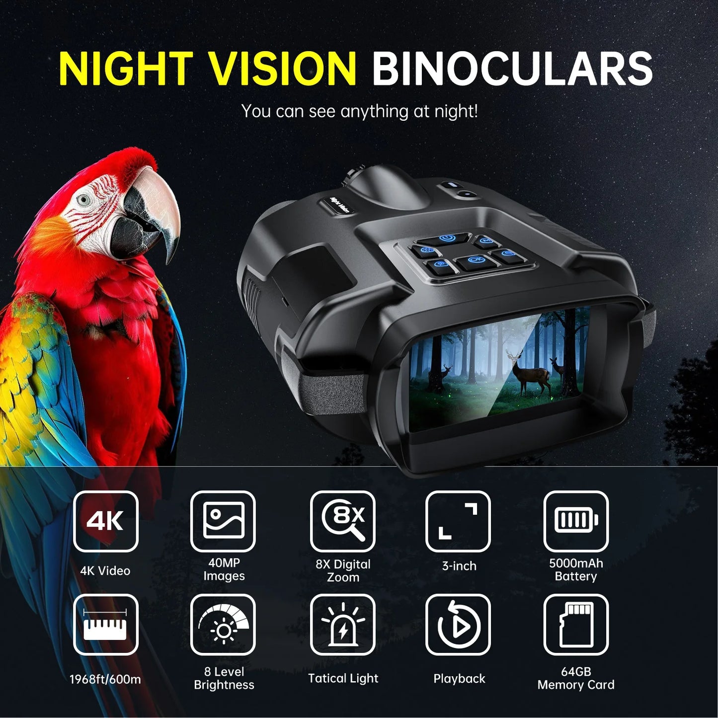 Night Vision Binoculars 4K Infrared Rechargeable 8X Digital Zoom Darkness Goggles Rechargeable