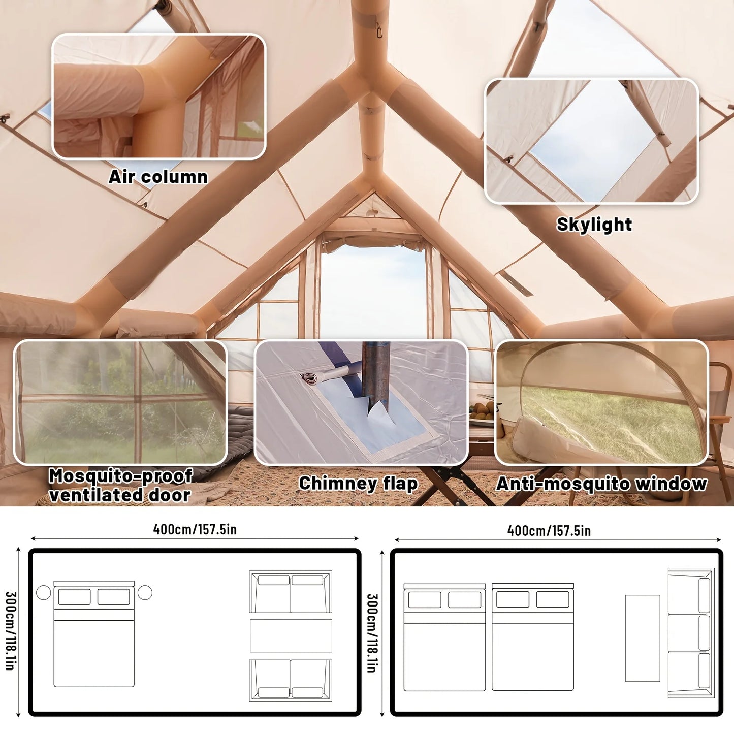 Large Inflatable Camping Tent with Skylight, Quick Air-Flow & Breathable Mesh Design