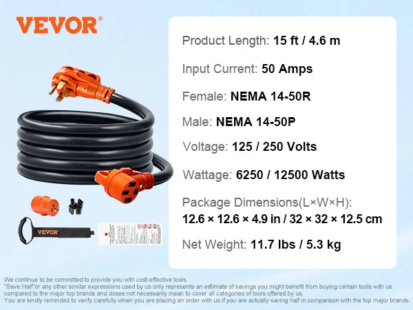 SucceBuy 25/50ft RV Extension Cord 30/50Amp STW RV with LED Indicator Handle 15A Adapter