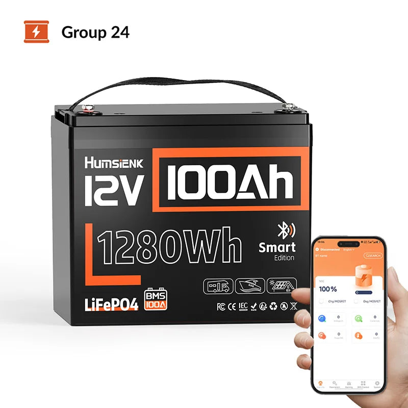 Humsienk 12V 100AH LiFePO4 Lithium Battery 1280Wh With Bluetooth/2-Year Warranty