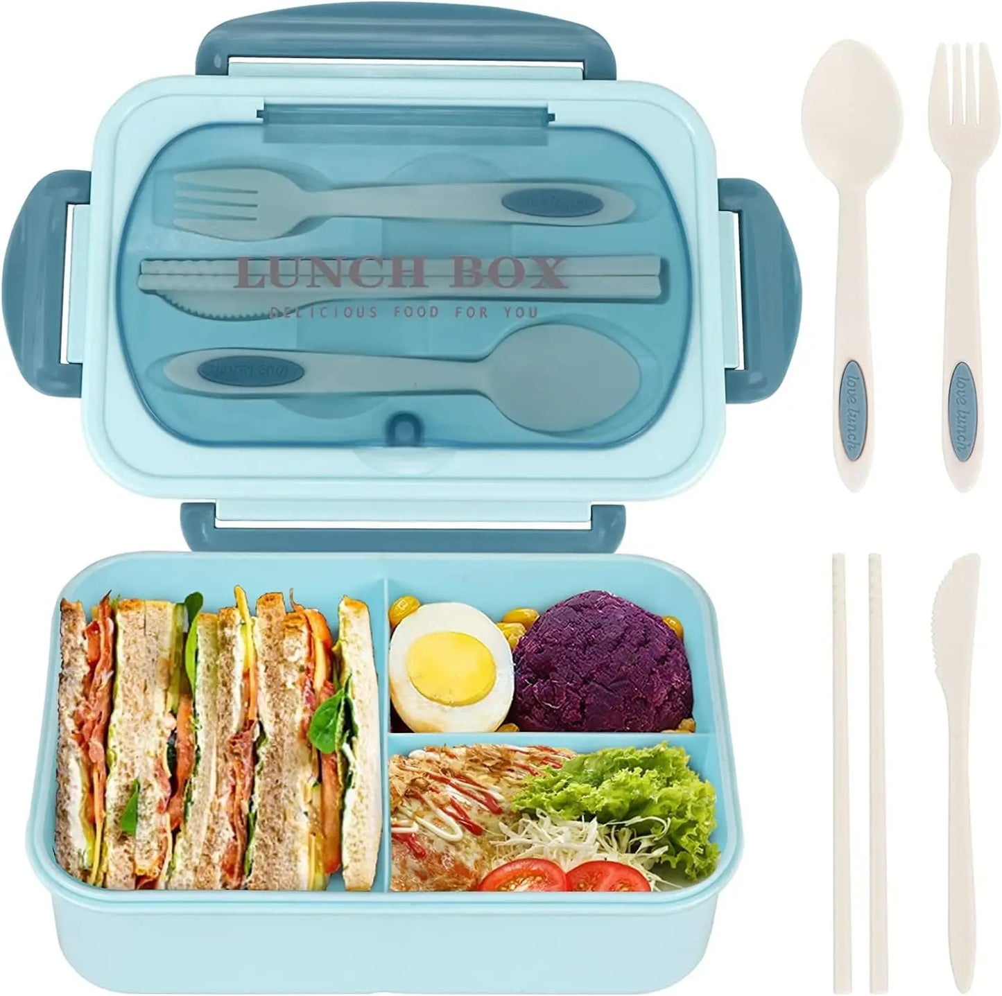 1200ML Bento Lunch Container With Utensils, 3 Compartments, Microwave-Ready