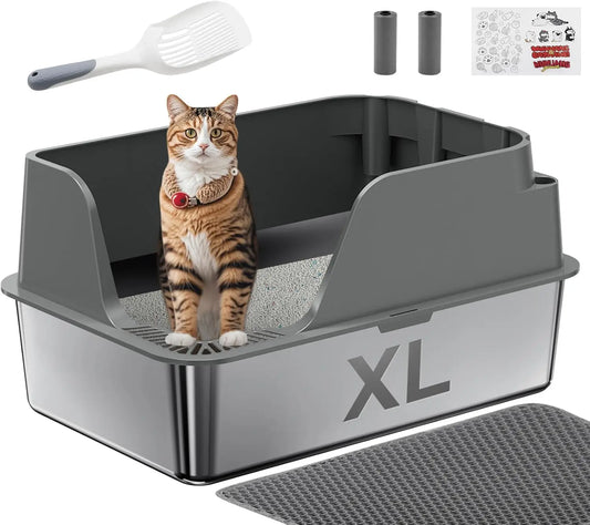 Stainless Steel Cat Litter Box,  Extra Large Splash-proof & Leak-proof Litter Box Suitable for Large Cats