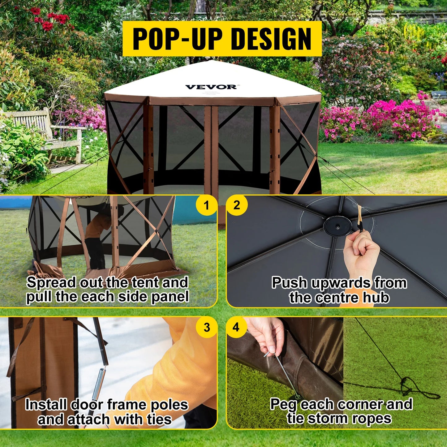 SucceBuy Pop-up Camping Gazebo Canopy 6 Sided 12' x 12' / 10' x 10'