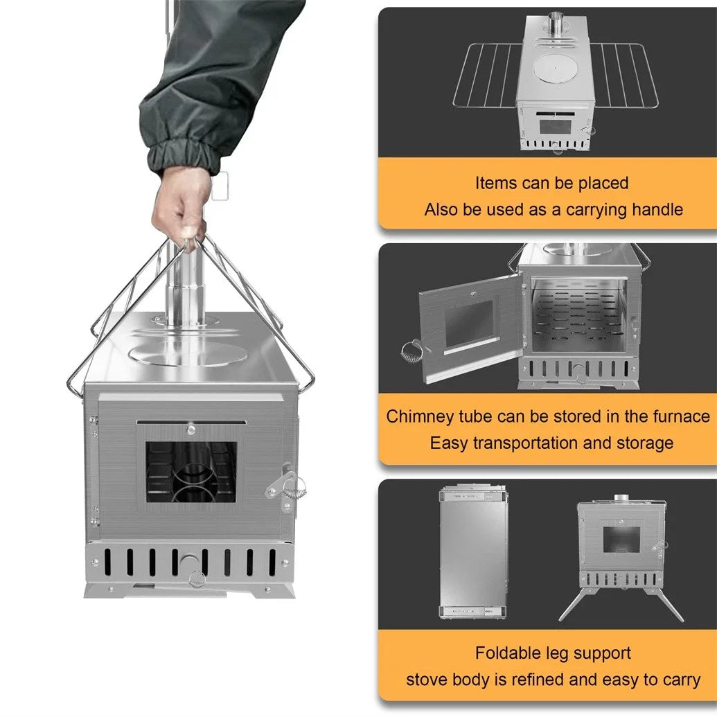 Portable Wood Stove with 6 Stainless Chimney Pipes