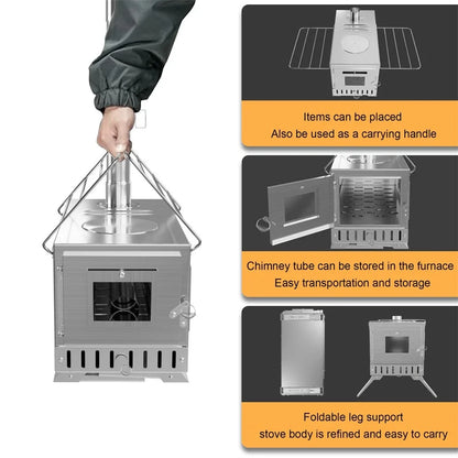 Portable Wood Stove with 6 Stainless Chimney Pipes